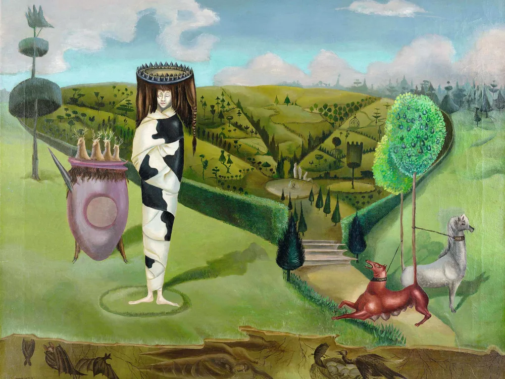 Surrealist painting with green backdrop and shapes and figures
