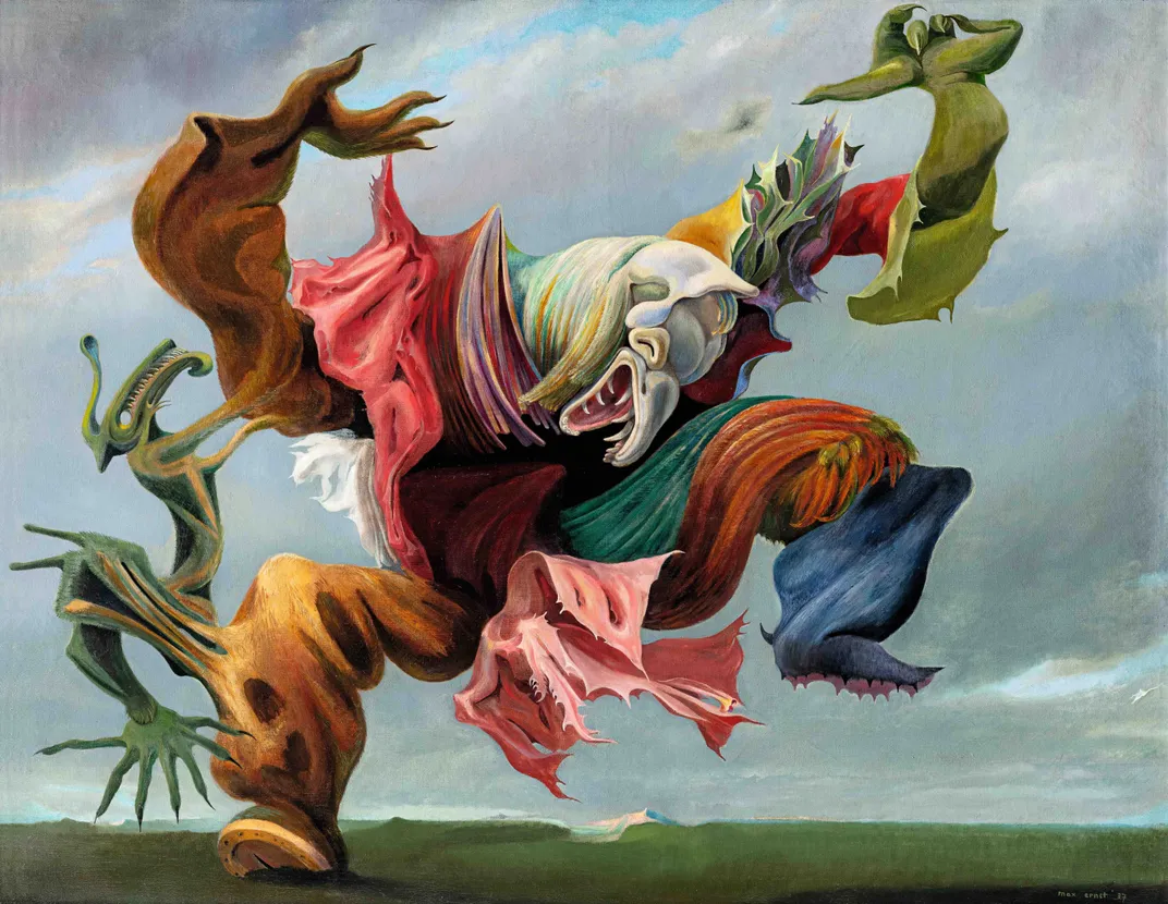 Surrealist painting of colorful figure in the air
