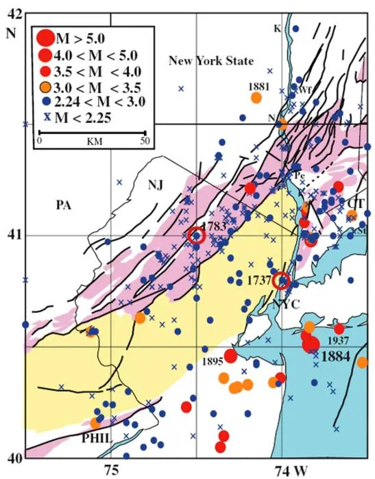 Recorded Philadelphia-New York-southwestern Connecticut area earthquakes, 1683-2008