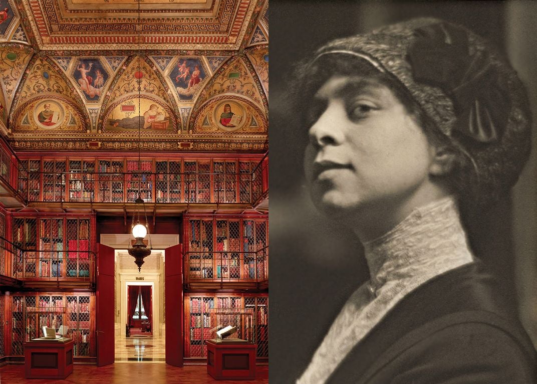 A portrait of woman next to a photo of interior of a library